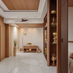 A tastefully designed living room featuring a serene mandir section, a modern TV unit, and an walls adorned with family photos.