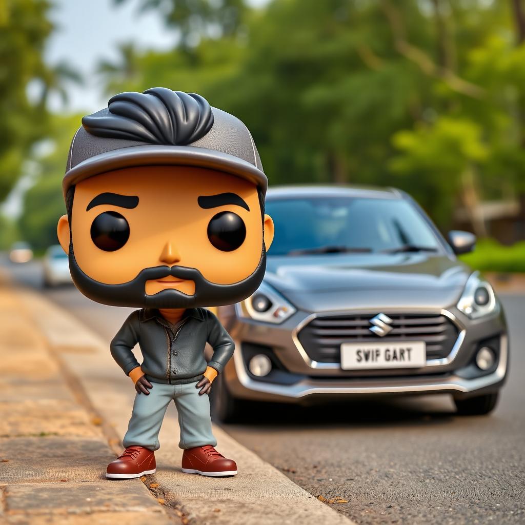 A Funko Pop figure of a 39-year-old man with black hair wearing a cap and having a beard, standing beside a grey Suzuki Swift Dzire 2023 that is parked on the side of the road