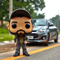 A Funko Pop figure of a 39-year-old man with black hair wearing a cap and having a beard, standing beside a grey Suzuki Swift Dzire 2023 that is parked on the side of the road