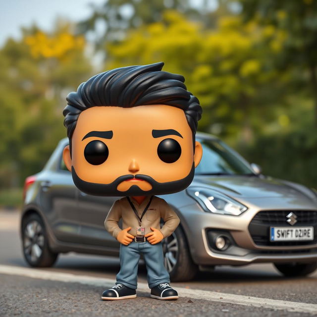 A Funko Pop figure of a 39-year-old man with black hair wearing a cap and having a beard, standing beside a grey Suzuki Swift Dzire 2023 that is parked on the side of the road