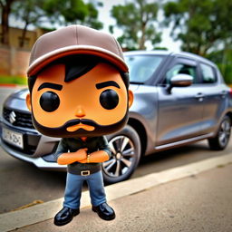 A Funko Pop figure of a 39-year-old man with black hair wearing a cap and having a beard, standing beside a grey Suzuki Swift Dzire 2023 that is parked on the side of the road