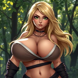 A voluptuous character inspired by a fictitious ninja, featuring large breasts and a confident pose