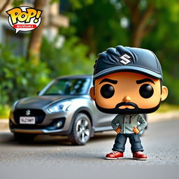 A Funko Pop figure of a 30-year-old man with black hair, wearing a cap featuring the Suzuki logo and sporting a beard