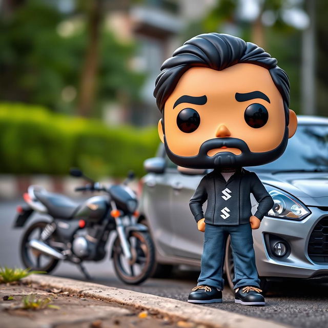 A Funko Pop figure of a 30-year-old man with black hair, wearing a cap featuring the Suzuki logo and sporting a beard