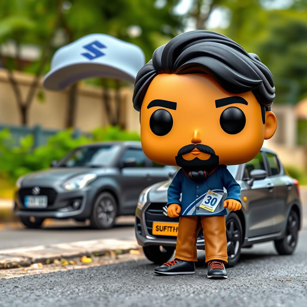 A Funko Pop figure of a 30-year-old man with black hair, wearing a cap featuring the Suzuki logo and sporting a beard