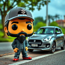 A Funko Pop figure of a 30-year-old man with black hair, wearing a cap featuring the Suzuki logo and sporting a beard