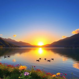 A serene and beautiful landscape featuring a calm lake surrounded by lush green mountains under a clear blue sky