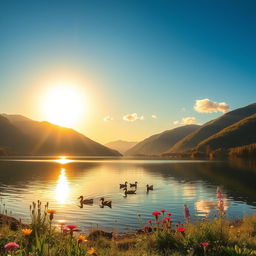 A serene and beautiful landscape featuring a calm lake surrounded by lush green mountains under a clear blue sky