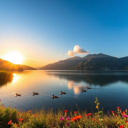 A serene and beautiful landscape featuring a calm lake surrounded by lush green mountains under a clear blue sky