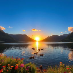 A serene and beautiful landscape featuring a calm lake surrounded by lush green mountains under a clear blue sky