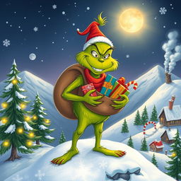 A whimsical, cartoonish version of the Grinch, standing on a snowy mountain top with a mischievous grin, holding a large sack filled with colorful presents