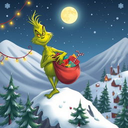 A whimsical, cartoonish version of the Grinch, standing on a snowy mountain top with a mischievous grin, holding a large sack filled with colorful presents