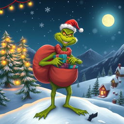 A whimsical, cartoonish version of the Grinch, standing on a snowy mountain top with a mischievous grin, holding a large sack filled with colorful presents