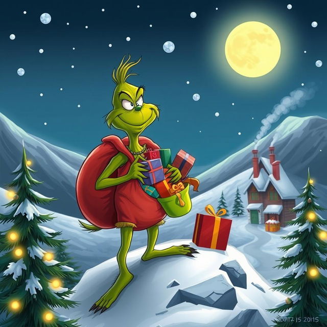 A whimsical, cartoonish version of the Grinch, standing on a snowy mountain top with a mischievous grin, holding a large sack filled with colorful presents