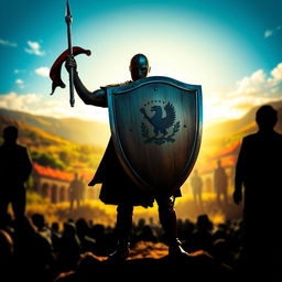 A faceless figure stands heroically, holding a large shield emblazoned with the emblem of a nation, symbolizing protection for its citizens