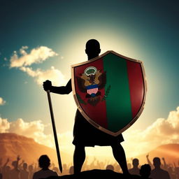 A faceless figure stands heroically, holding a large shield emblazoned with the emblem of a nation, symbolizing protection for its citizens