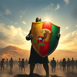 A faceless figure stands heroically, holding a large shield emblazoned with the emblem of a nation, symbolizing protection for its citizens