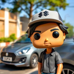 A Funko Pop figure of a 30-year-old man with black hair wearing a cap featuring the Suzuki logo