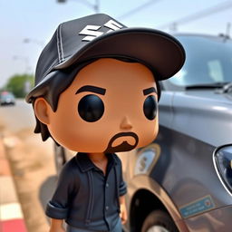 A Funko Pop figure of a 30-year-old man with black hair wearing a cap featuring the Suzuki logo