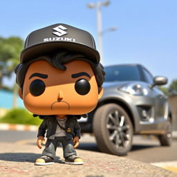 A Funko Pop figure of a 30-year-old man with black hair wearing a cap featuring the Suzuki logo