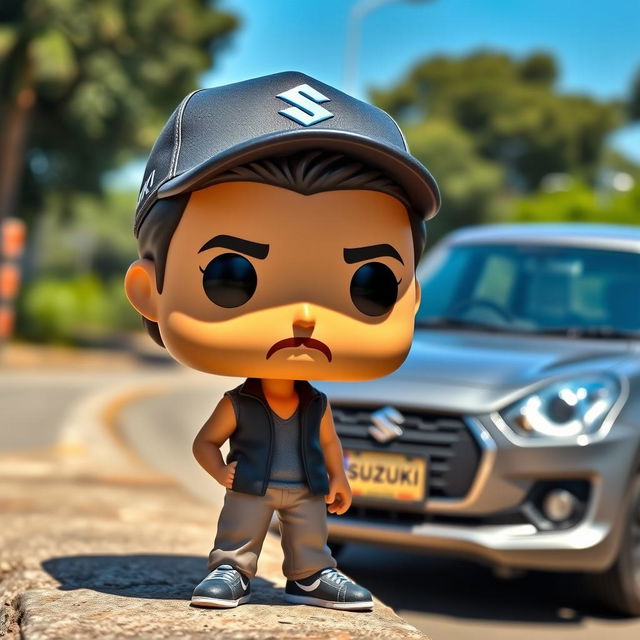 A Funko Pop figure of a 30-year-old man with black hair wearing a cap featuring the Suzuki logo