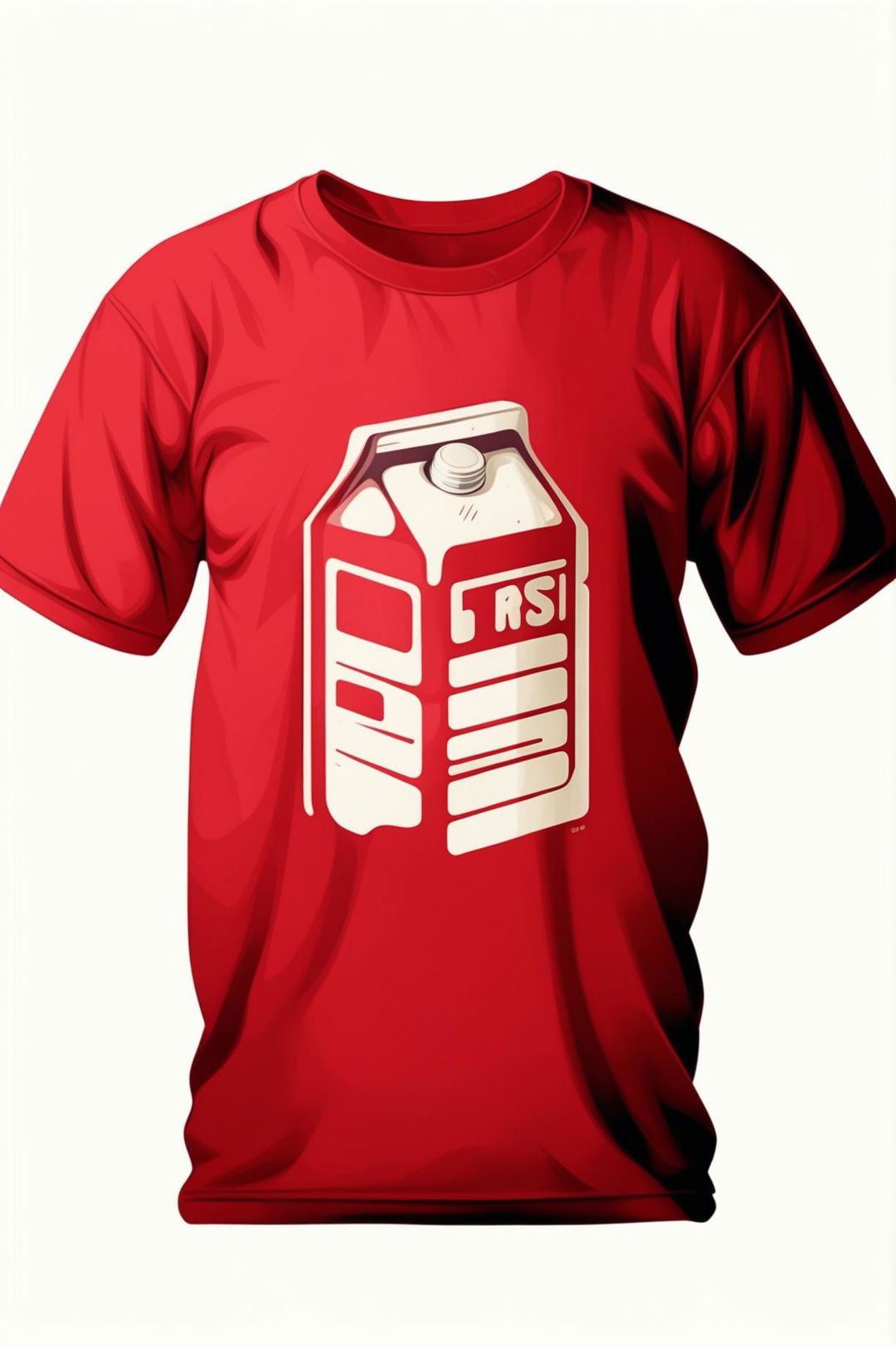 A high-quality digital art of a vibrant red graphic t-shirt featuring a white milk carton print