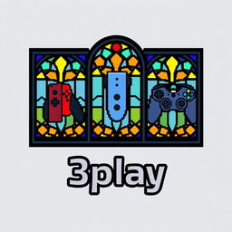 A logo design for a YouTube gaming channel named '3play', featuring a unique pixel art style reminiscent of stained glass church windows