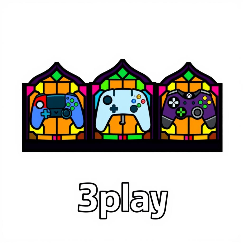 A logo design for a YouTube gaming channel named '3play', featuring a unique pixel art style reminiscent of stained glass church windows