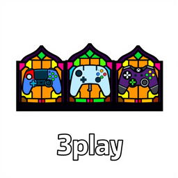 A logo design for a YouTube gaming channel named '3play', featuring a unique pixel art style reminiscent of stained glass church windows