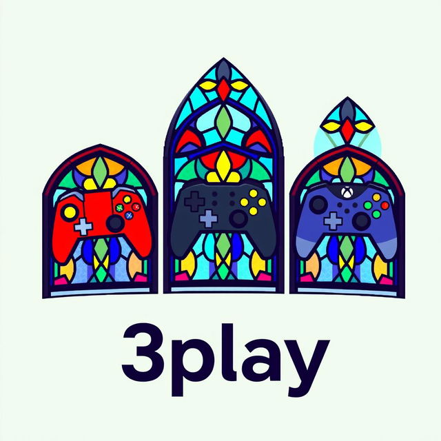 A logo design for a YouTube gaming channel named '3play', featuring a unique pixel art style reminiscent of stained glass church windows