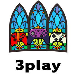 A logo design for a YouTube gaming channel named '3play', featuring a unique pixel art style reminiscent of stained glass church windows