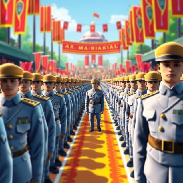A digital art piece depicting a parade of soldiers, creatively illustrating the appearance of pseudostratified columnar epithelium