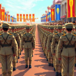 A digital art piece depicting a parade of soldiers, creatively illustrating the appearance of pseudostratified columnar epithelium