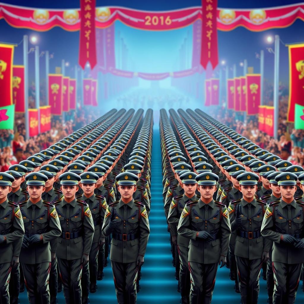 A digital art piece depicting a parade of soldiers, creatively illustrating the appearance of pseudostratified columnar epithelium
