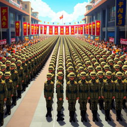A digital art piece depicting a parade of soldiers, creatively illustrating the appearance of pseudostratified columnar epithelium