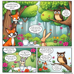 A vibrant comic strip showing a humorous scene of animal characters having a tea party in a whimsical forest