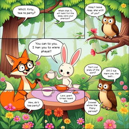 A vibrant comic strip showing a humorous scene of animal characters having a tea party in a whimsical forest