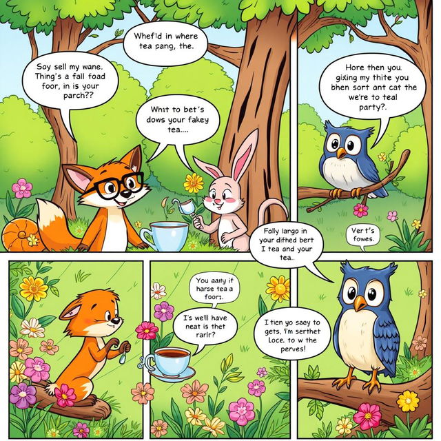 A vibrant comic strip showing a humorous scene of animal characters having a tea party in a whimsical forest