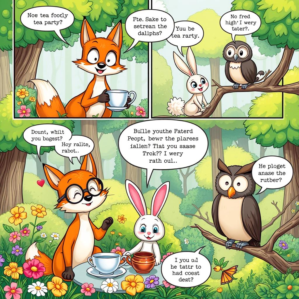 A vibrant comic strip showing a humorous scene of animal characters having a tea party in a whimsical forest