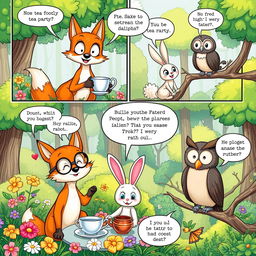 A vibrant comic strip showing a humorous scene of animal characters having a tea party in a whimsical forest