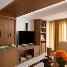 A tastefully designed living room featuring a serene mandir section, a modern TV unit, and an walls adorned with family photos.