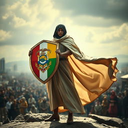 A faceless figure standing heroically, holding a shield that symbolizes protection for the people of a country