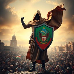 A faceless figure standing heroically, holding a shield that symbolizes protection for the people of a country