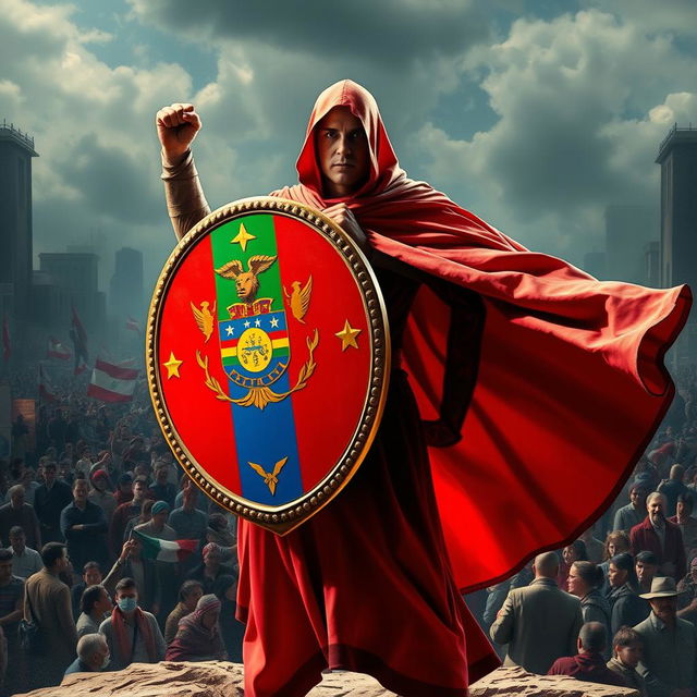 A faceless figure standing heroically, holding a shield that symbolizes protection for the people of a country