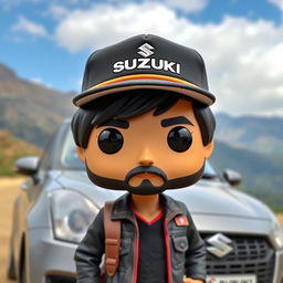 A Funko Pop figure of a 30-year-old man with black hair wearing a hat featuring the Suzuki logo