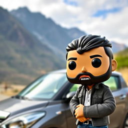 A Funko Pop figure of a 30-year-old man with black hair wearing a hat featuring the Suzuki logo