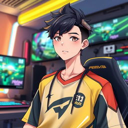 A handsome anime boy dressed as a pro gamer, wearing a vibrant jersey featuring a stylish design