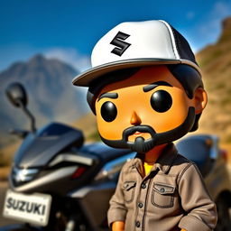 A Funko Pop figure of a 30-year-old man with black hair wearing a hat featuring the Suzuki logo