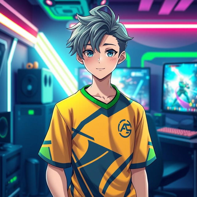 A handsome anime boy dressed as a pro gamer, wearing a vibrant jersey featuring a stylish design