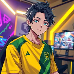 A handsome anime boy dressed as a pro gamer, wearing a vibrant jersey featuring a stylish design